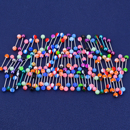 14G 100PCS Tongue Ring Ball Colorful Acrylic Tongue Barbells(Random Colors) - OUFER BODY JEWELRY