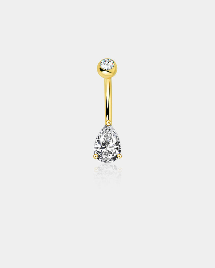 14K Gold Belly Rings 14G Solitaire Teardrop CZ Navel Ring - OUFER BODY JEWELRY
