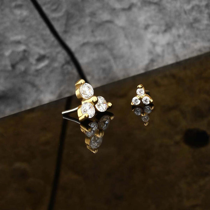 14K Gold Triple CZ Threadless Labret Stud