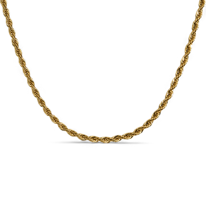 Gold rope chain necklace on a transparent background
