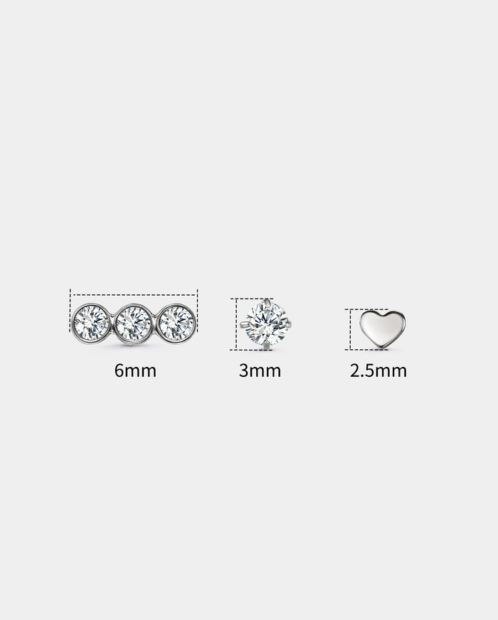 3PCS CZ & Flat Heart Titanium Nose Stud