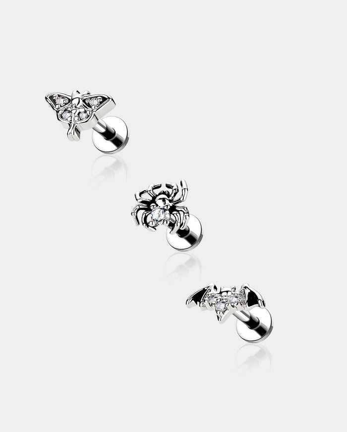 oufer 3PCS CZ Spider Bat Moth Cartilage Stud Set