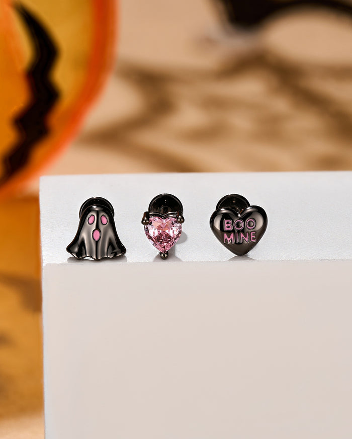 3PCS Pink Ghost Heart Helix Stud Set