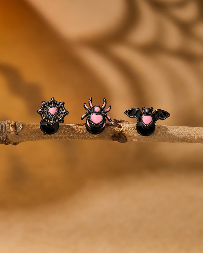 3PCS Pink Spider Bat Web Cartilage Stud Set