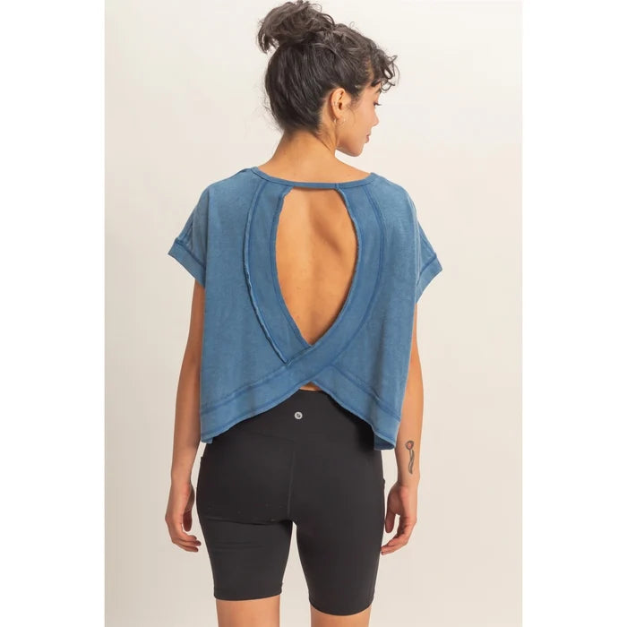Acid Washed Cross Detail Open Back Top