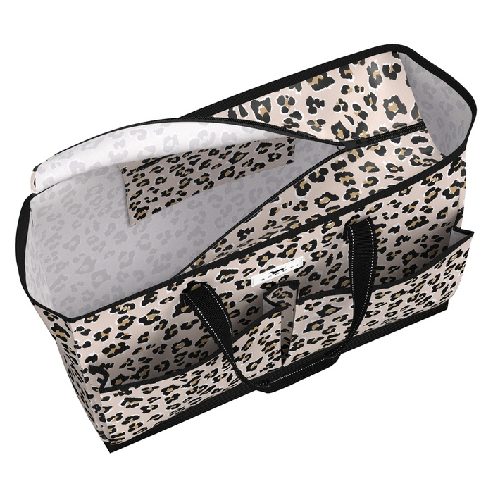 Leopard print storage bag with a white interior on a white background