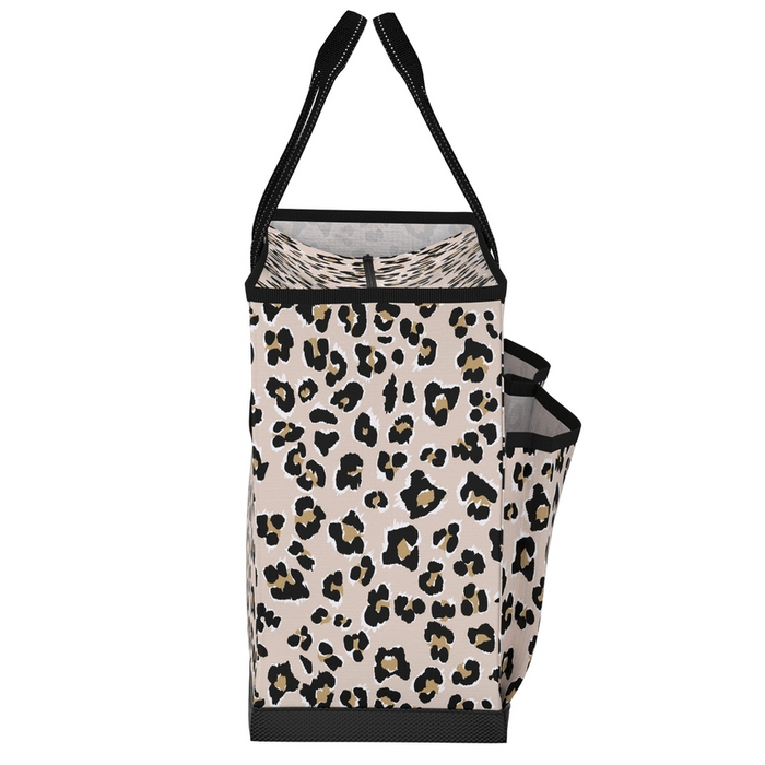 A tote bag with a beige, black, and brown leopard print pattern, featuring black handles and trim, shown against a plain white background.
