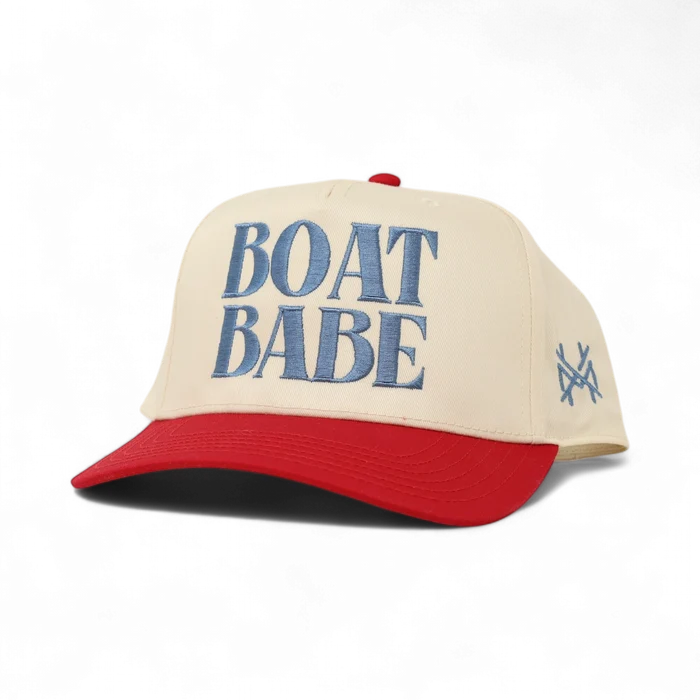 Beige and red cap with 'BOAT BABE' text on a white background
