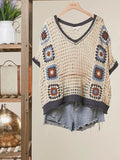 Boho Crochet Patchwork V Neck Short Sleeve Top