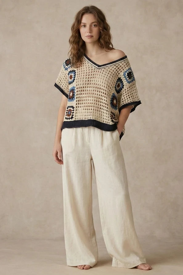 Boho Crochet Patchwork V Neck Short Sleeve Top