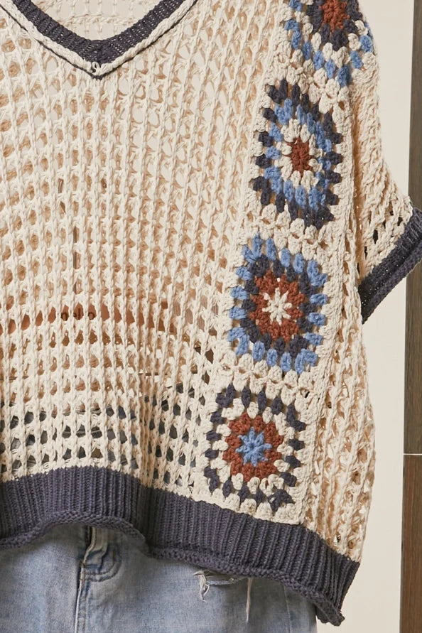 Boho Crochet Patchwork V Neck Short Sleeve Top