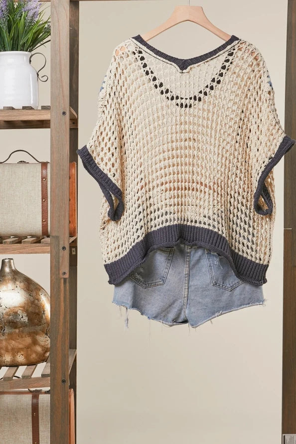 Boho Crochet Patchwork V Neck Short Sleeve Top