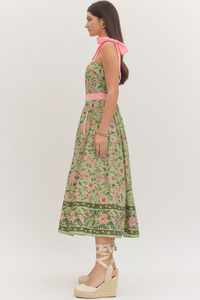 Botanical Print Sleeveless Midi Dress