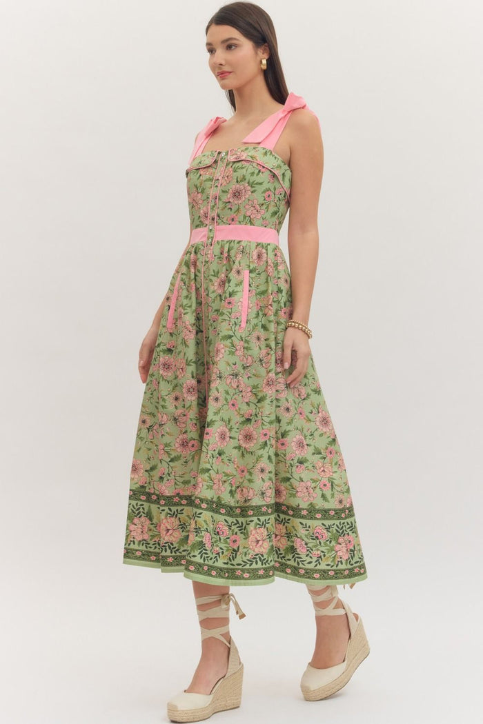 Botanical Print Sleeveless Midi Dress