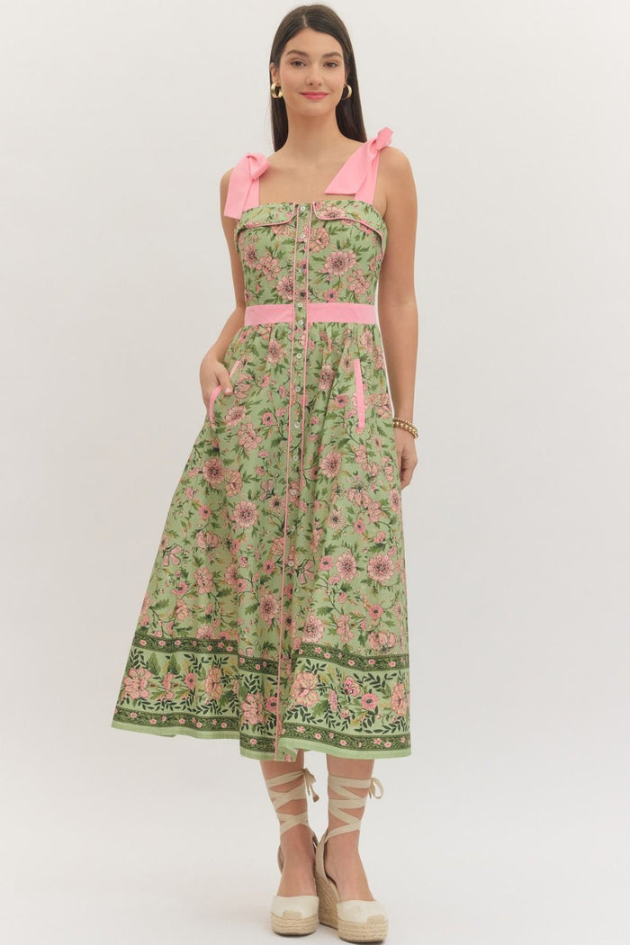 Botanical Print Sleeveless Midi Dress
