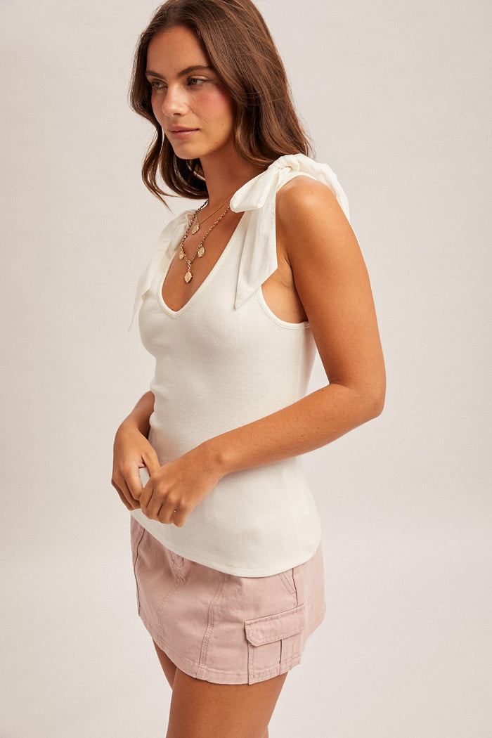 Bow Tie Detail Sleeveless V Neck Ribbed Tank Top
