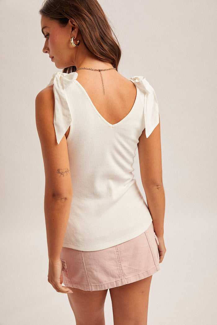 Bow Tie Detail Sleeveless V Neck Ribbed Tank Top
