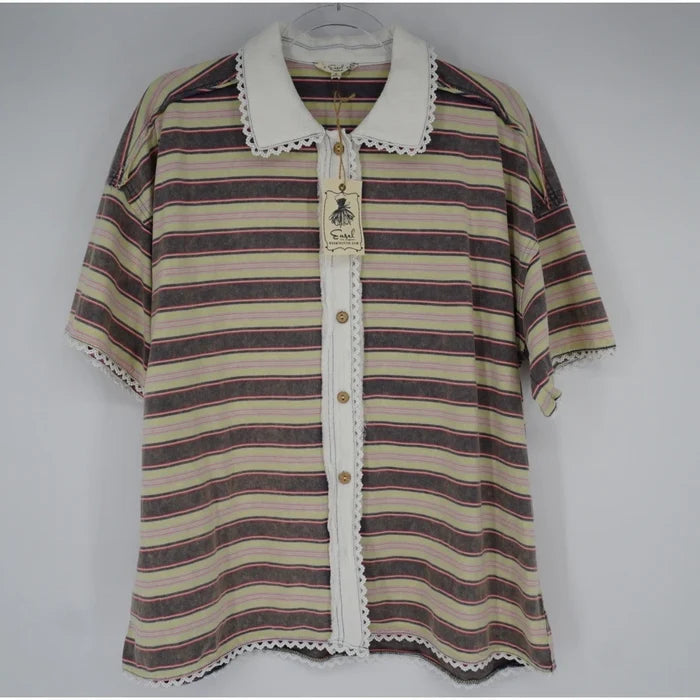 Boxy Striped Knit Button Down Top