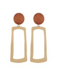 Pair of earrings with brown circular tops and beige rectangular bases on a white background