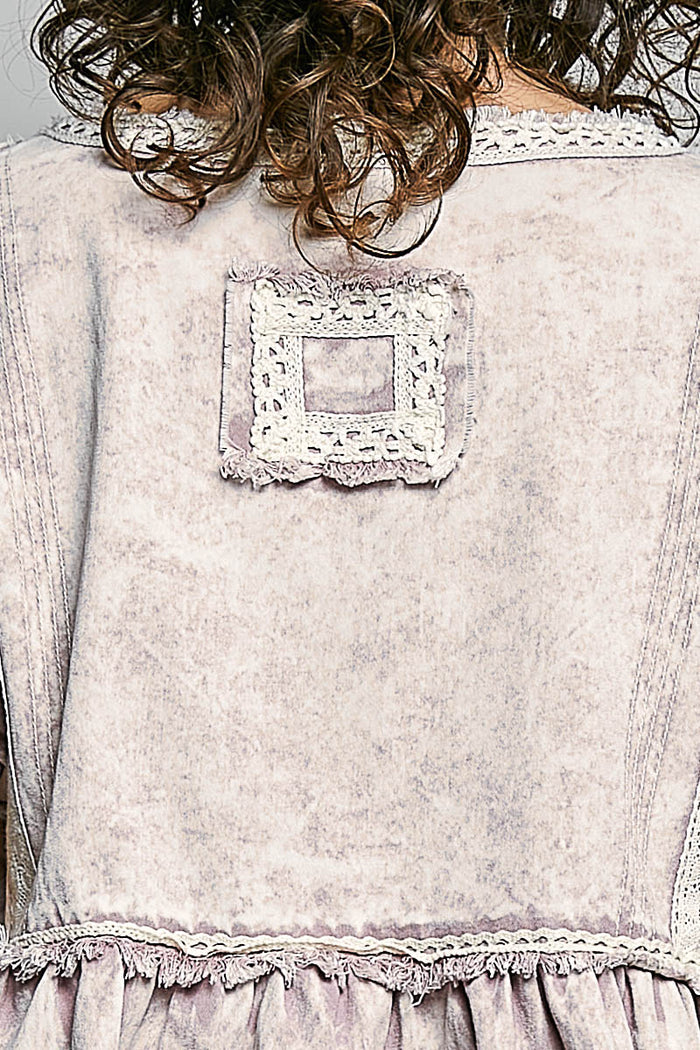 Butterfly Embroidered Denim Balloon Sleeve Top