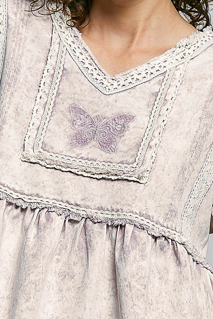 Butterfly Embroidered Denim Balloon Sleeve Top