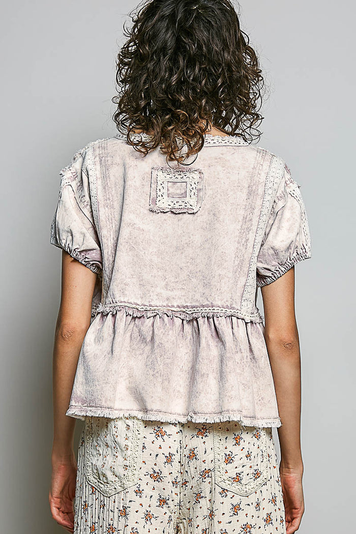 Butterfly Embroidered Denim Balloon Sleeve Top