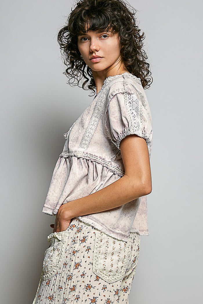Butterfly Embroidered Denim Balloon Sleeve Top