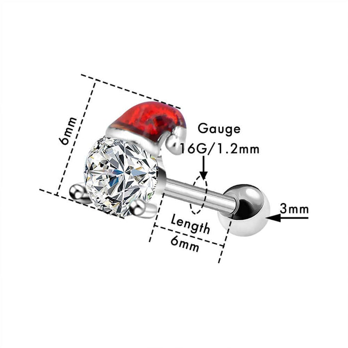 16G CZ Red Christmas Hat Helix and Tragus Cartilage Stud - OUFER BODY JEWELRY