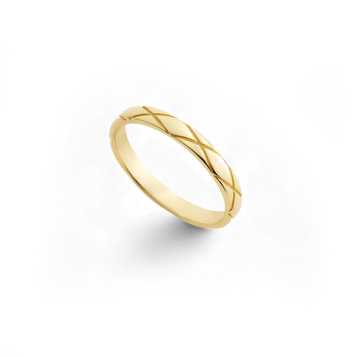 Gold ring with a textured design on a white background