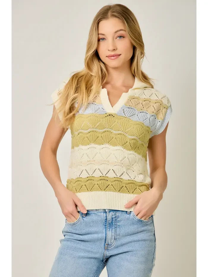Color Striped Ponte Polo Sweater