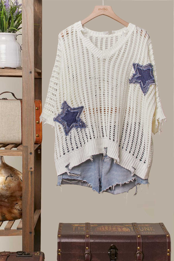 Distressed Star Knit Pullover