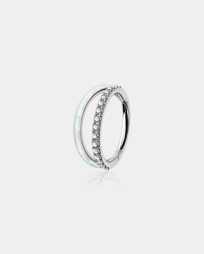Double Hoop CZ & Synthetic Opal Titanium Helix Ring