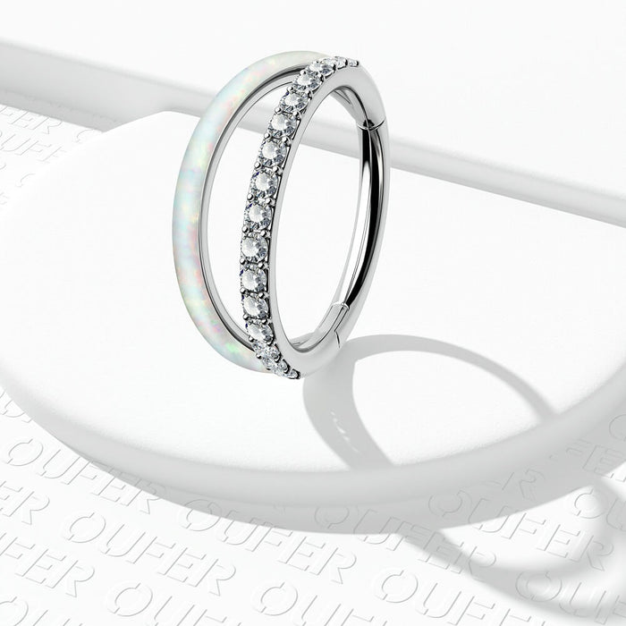 Double Hoop CZ & Synthetic Opal Titanium Helix Ring