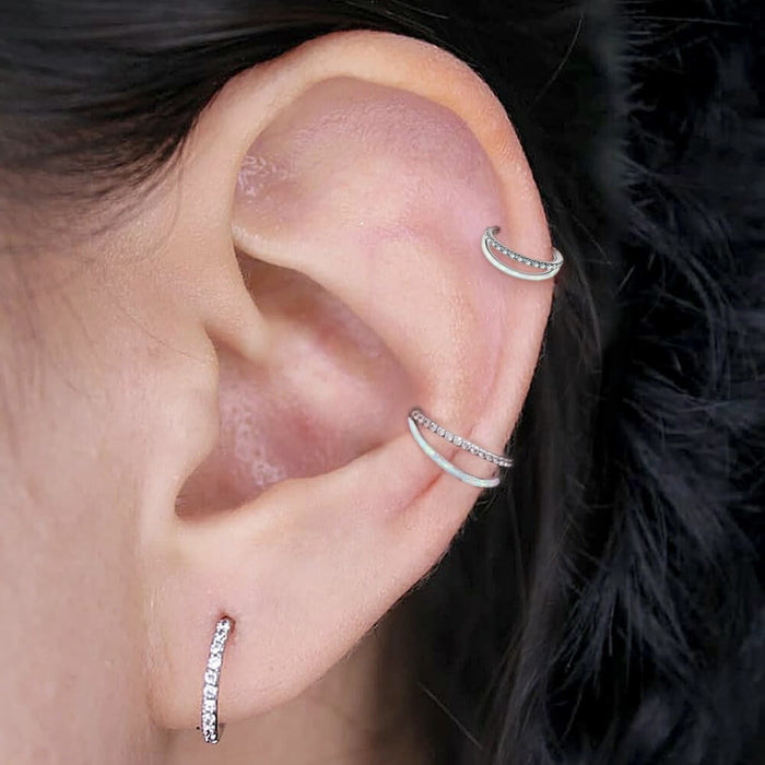Double Hoop CZ & Synthetic Opal Titanium Helix Ring