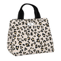 Leopard print tote bag with black handles on a white background