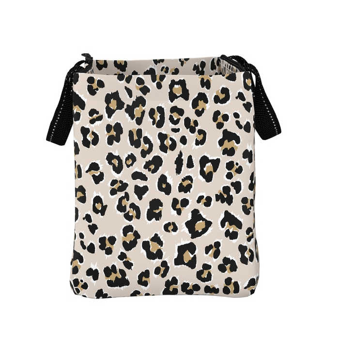 Leopard print bag with black drawstrings on a white background