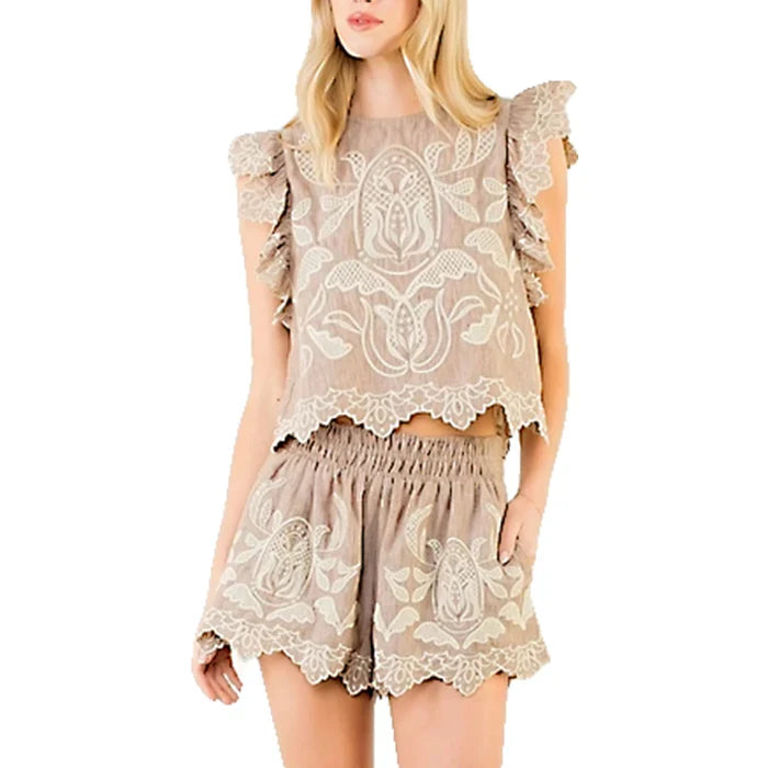 Embroidered Flutter Sleeve Top & Bottoms *Sold Separately