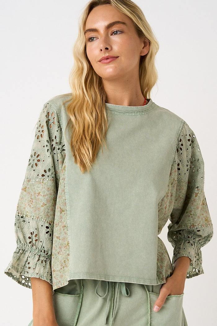 Eyelet Patchwork Ruffle Sleeve Top