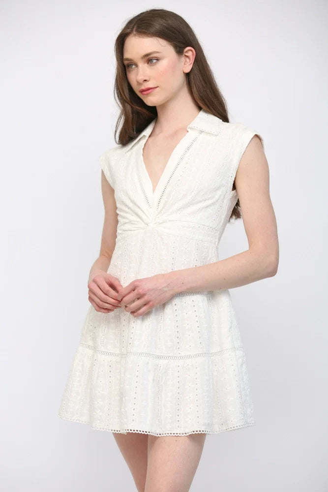 Eyelet Twist-Front Dress Mini Dress