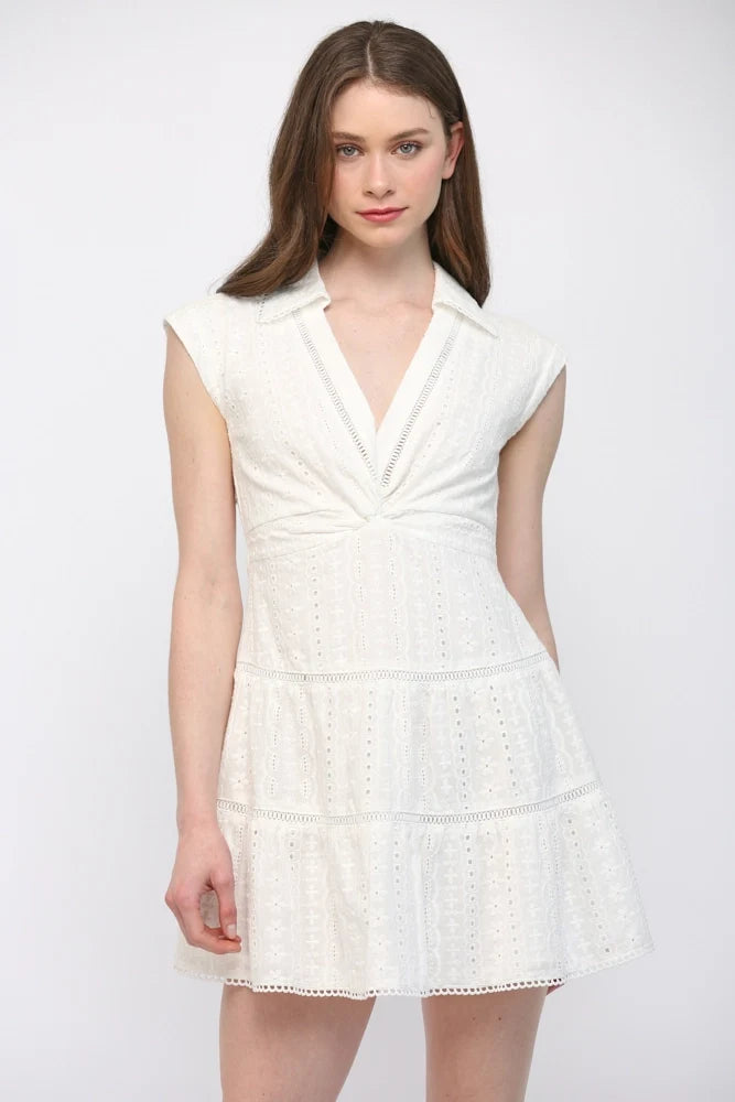 Eyelet Twist-Front Dress Mini Dress