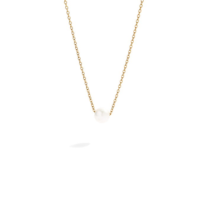 Gold necklace with a small white pendant on a white background