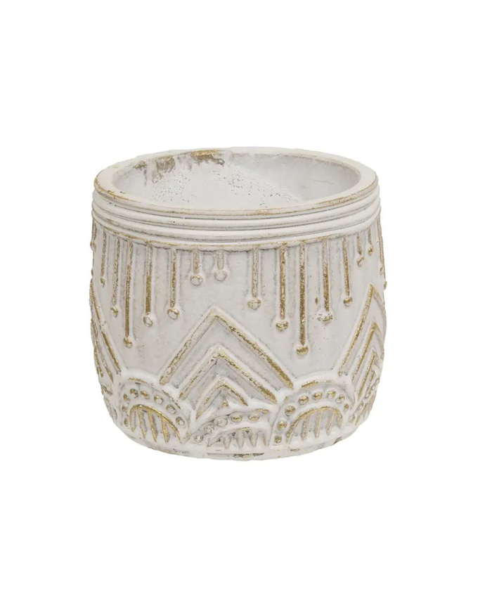 Decorative ceramic pot with geometric patterns on a white background
