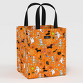 Halloween-themed tote bag with various characters on an orange background