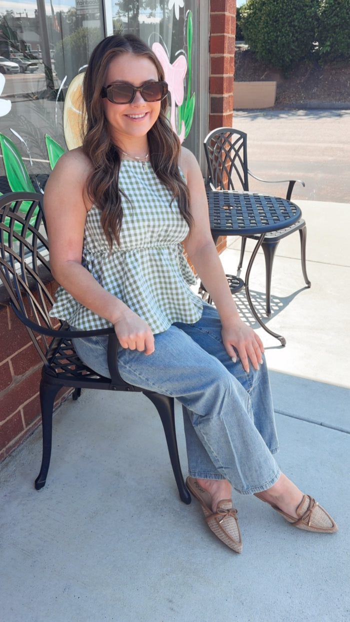 Gingham Sleeveless Side Tie Babydoll Top