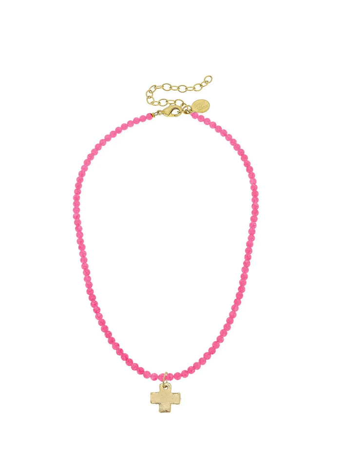 Gold Cross on Hot Pink Beaded Necklace by Susan Shaw