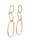 Gold chain link earrings on a white background
