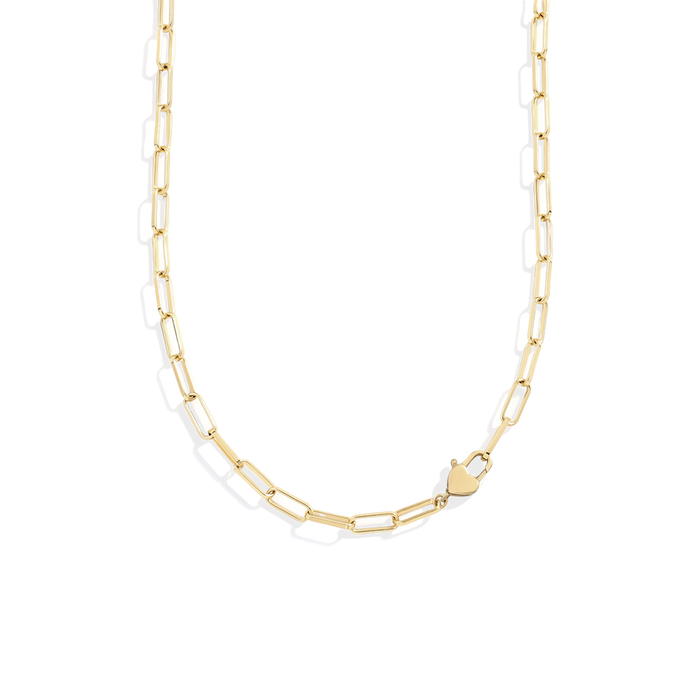 Gold chain necklace with a heart pendant on a white background