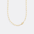 Gold chain necklace with a heart pendant on a light gray background