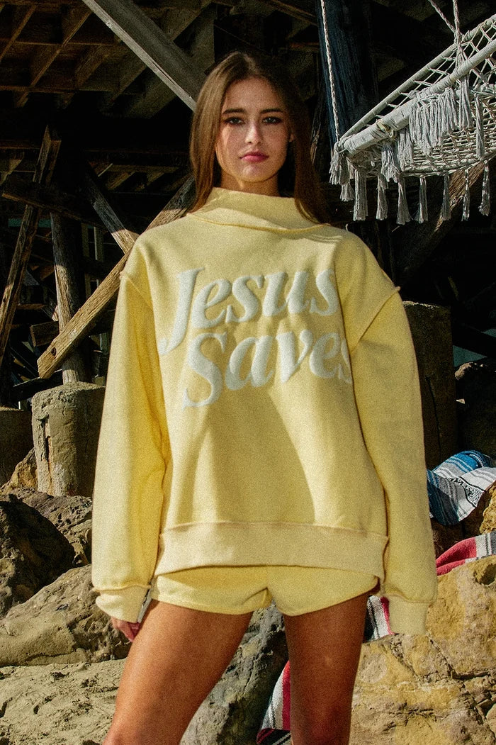 Jesus Saves Print Mock Neck Reversible Sweatshirt