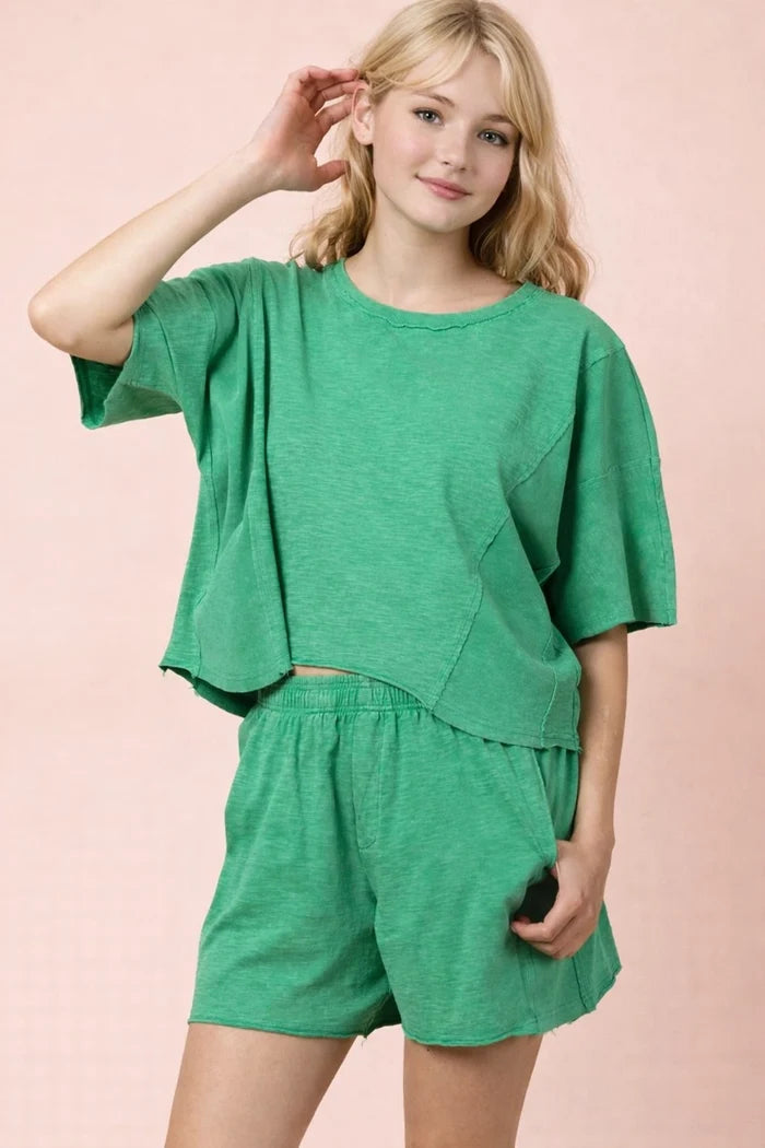 Mineral Washed Casual Knit Top & Short Set